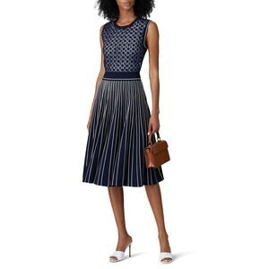 Tory Burch Navy Blue Sleeveless Pleated Knit Crewneck Midi Sweater Dress Size XS